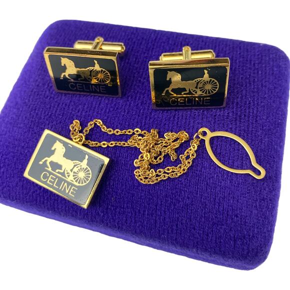 Celine Gold Tone Cufflinks Set In Box - Picture 1 of 6